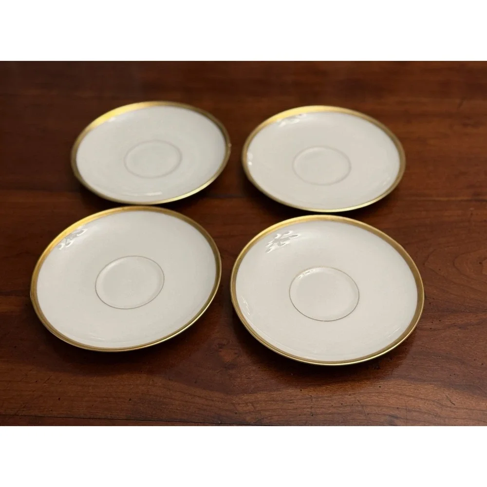 Charles Ahrenfeldt Limoges Porcelain Saucers Set 4 White w/Gold Trim France 5.5